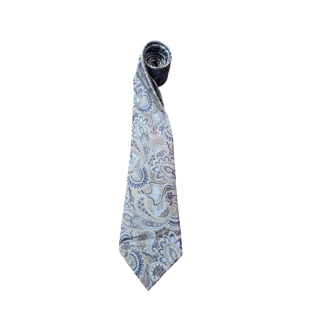 Geoffrey Beene Mens Blue Grey Paisley Silk‎ Necktie Handmade Woven Jacquard Tie